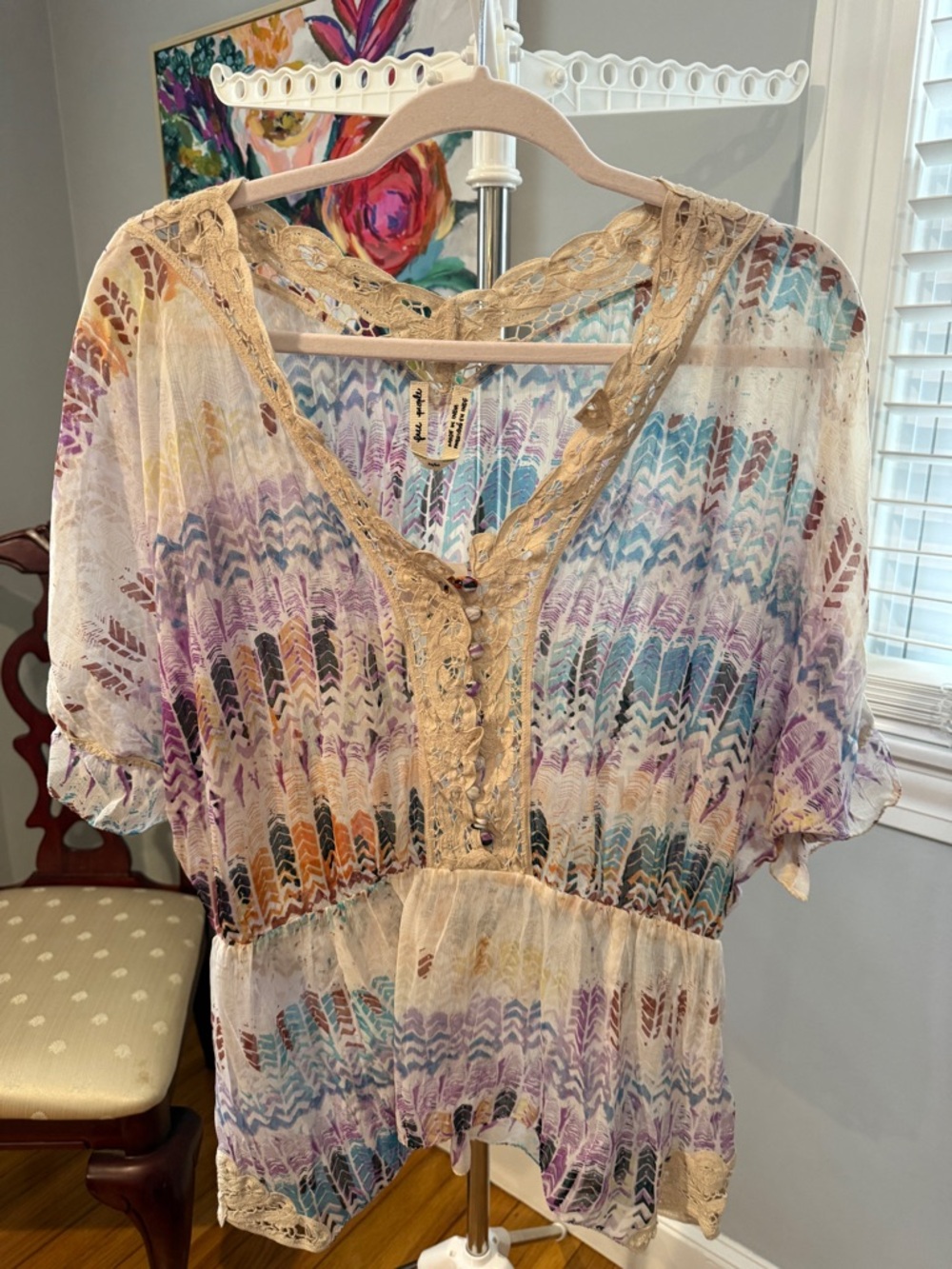 NWT Free People Multicolor Sheer Chevron Blouse with Beige Lace Trim
